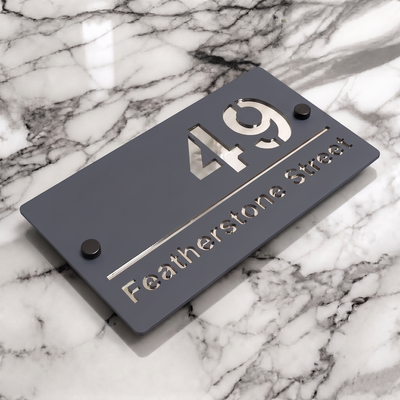 Personalised Mirror House Sign with Silver Laser Cut Text | 200mm x 130mm | Made from 3mm Grey Acrylic