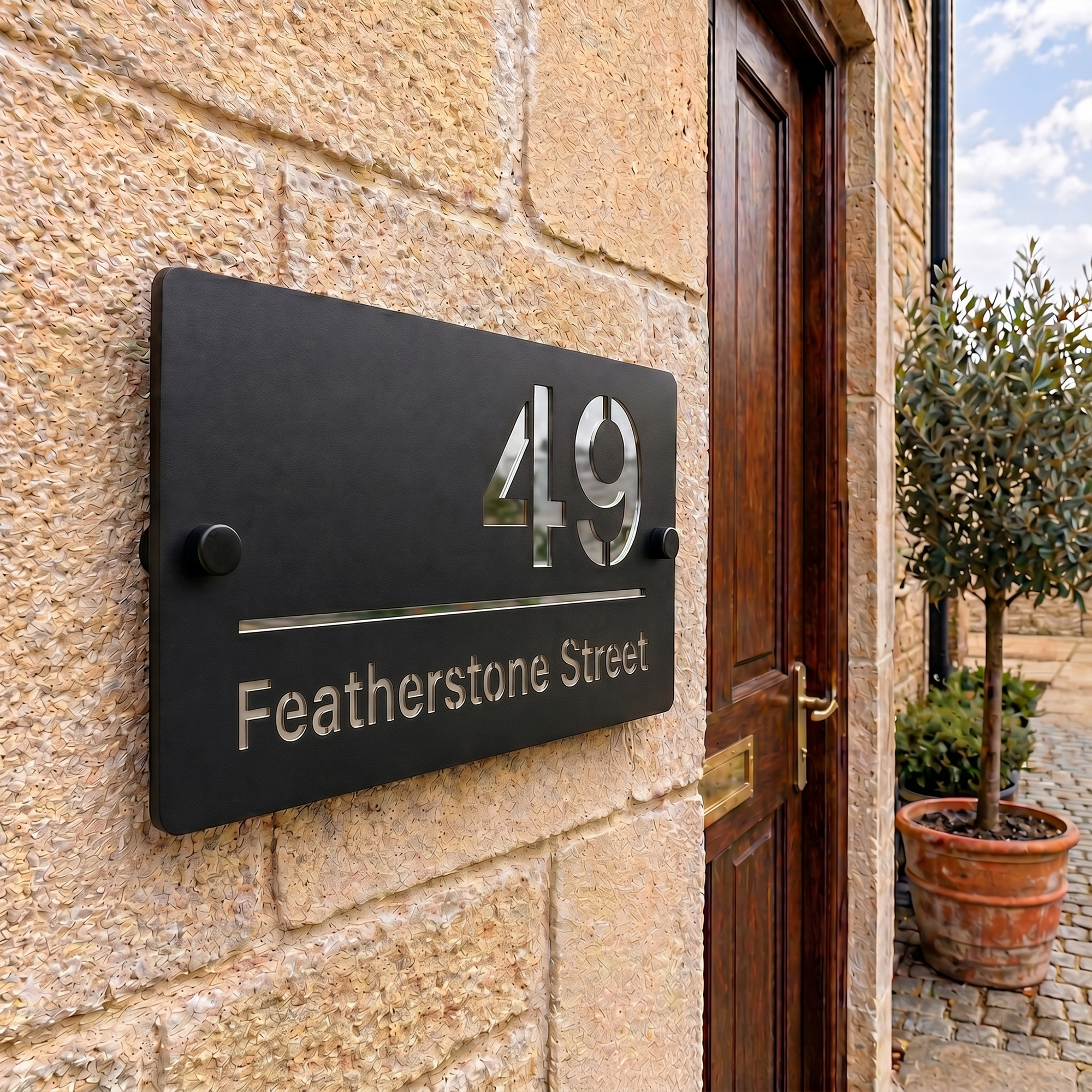 Personalised Mirror House Sign with Silver Laser Cut Text | 200mm x 130mm | Made from 3mm Black Acrylic
