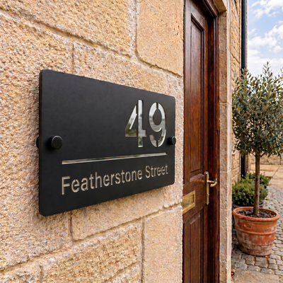 Personalised Mirror House Sign with Silver Laser Cut Text | 200mm x 130mm | Made from 3mm Black Acrylic