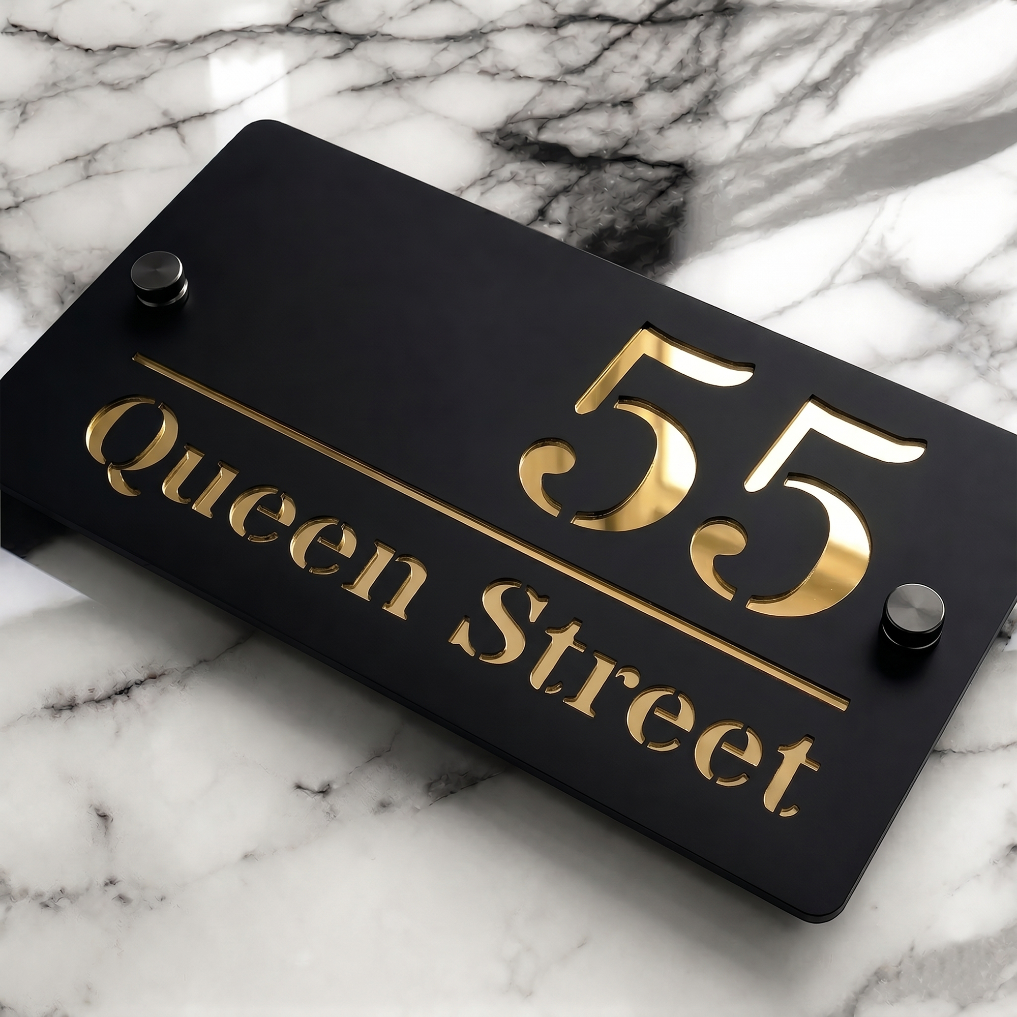 Personalised Mirror House Sign with Gold Laser Cut Text | 200mm x 130mm | Made from 3mm Black Acrylic