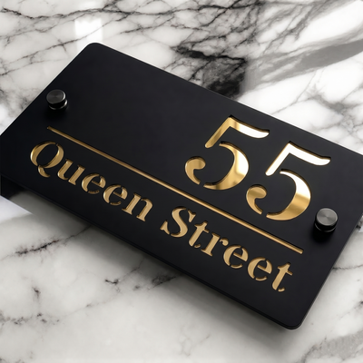 Personalised Mirror House Sign with Gold Laser Cut Text | 200mm x 130mm | Made from 3mm Black Acrylic