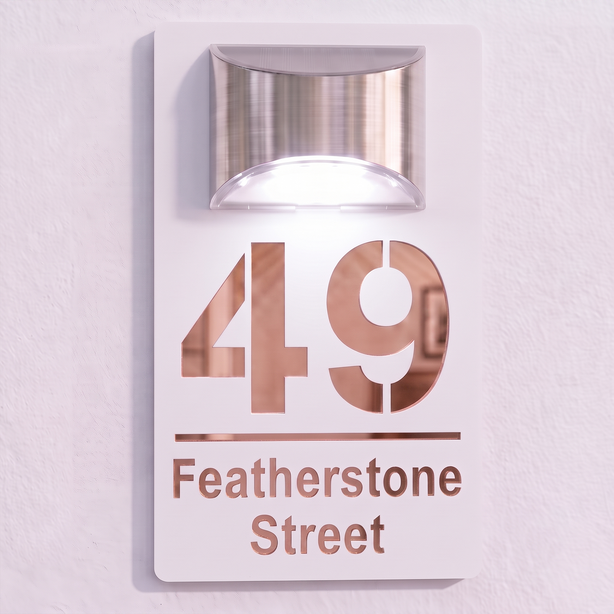 Personalised Solar Powered House Sign | 280mm x 160mm | White with Mirror Text