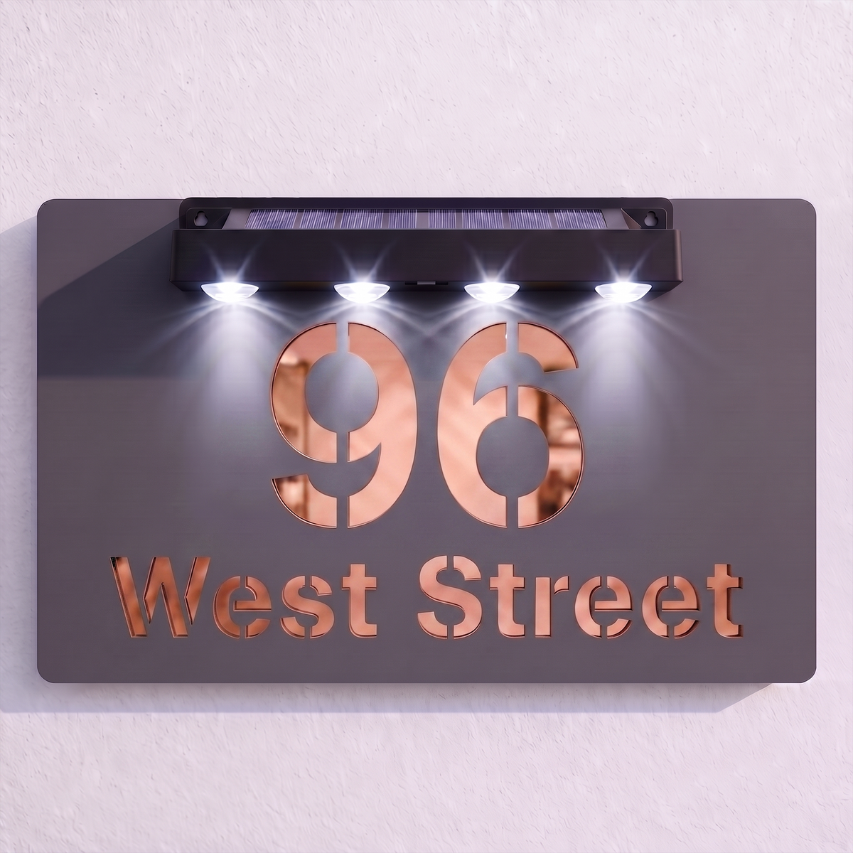 Personalised Solar Powered House Sign | 300mm x 170mm | Grey with Mirror Text