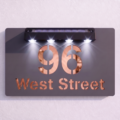 Personalised Solar Powered House Sign | 300mm x 170mm | Grey with Mirror Text