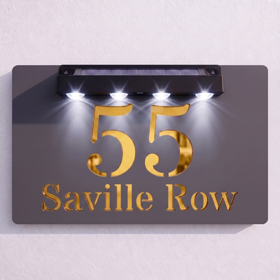 Personalised Solar Powered House Sign | 300mm x 170mm | Grey with Mirror Text