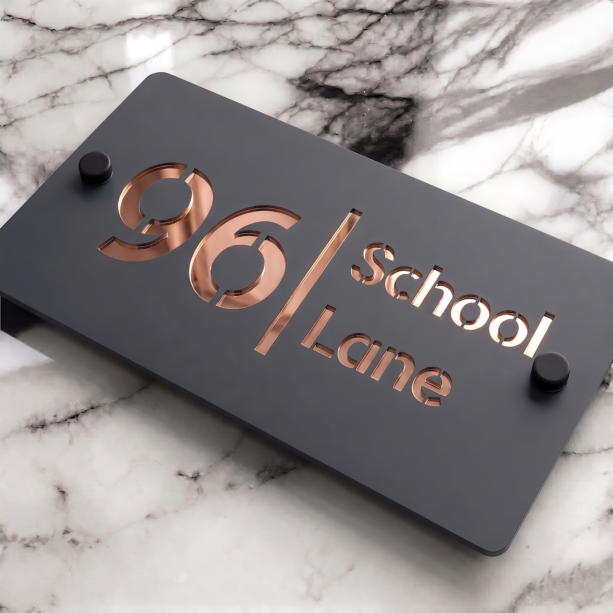Personalised Mirror House Sign with Rose Gold Laser Cut Text | 200mm x 130mm | Made from 3mm Grey Acrylic