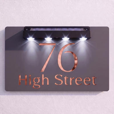 Personalised Solar Powered House Sign | 300mm x 170mm | Grey with Mirror Text