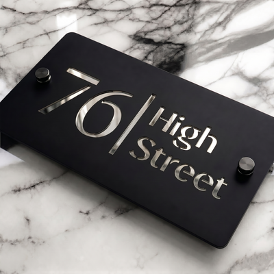 Personalised Mirror House Sign with Silver Laser Cut Text | 200mm x 130mm | Made from 3mm Black Acrylic