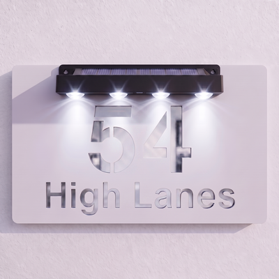 Personalised Solar Powered House Sign | 300mm x 170mm | White with Mirror Text