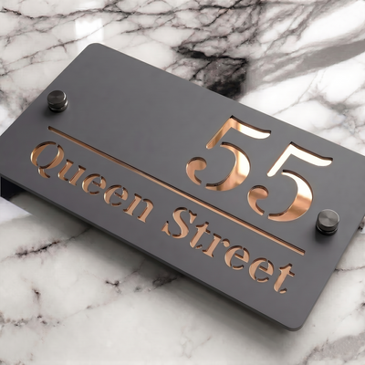 Personalised Mirror House Sign with Rose Gold Laser Cut Text | 200mm x 130mm | Made from 3mm Grey Acrylic