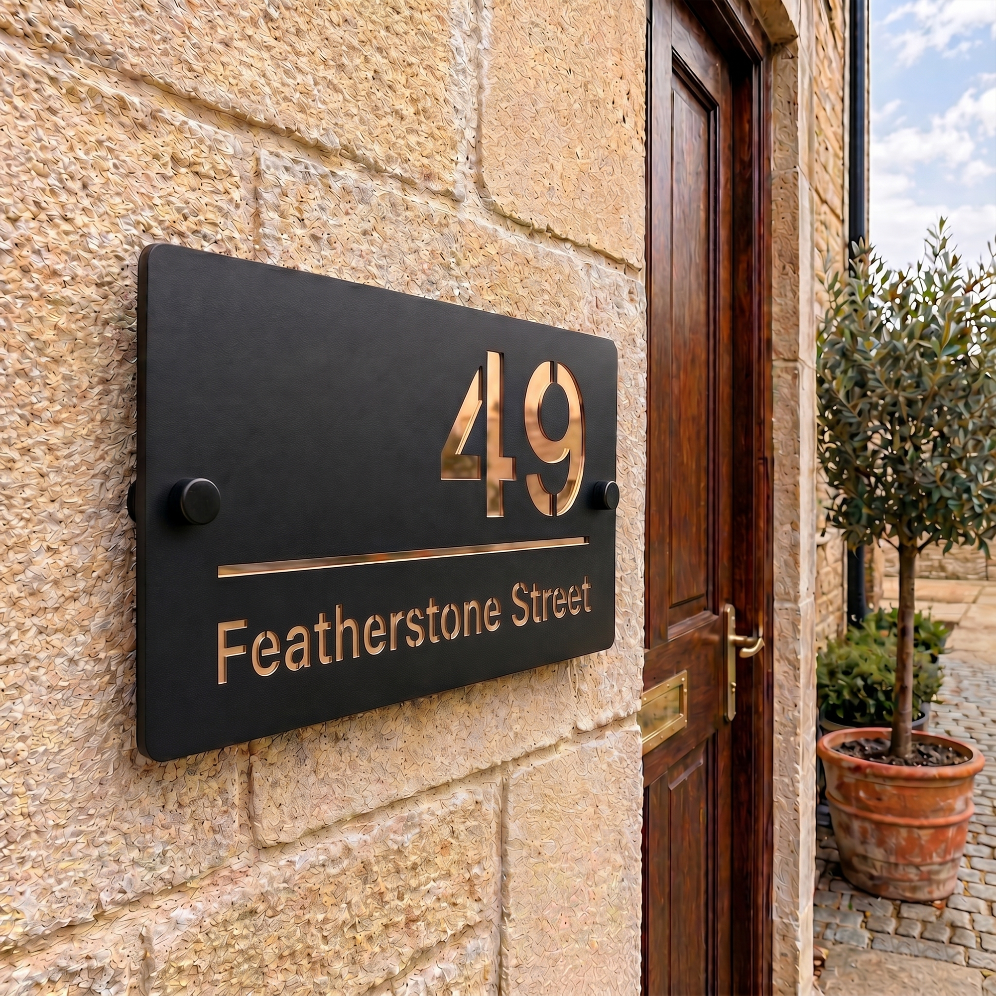 Personalised Mirror House Sign with Rose Gold Laser Cut Text | 200mm x 130mm | Made from 3mm Black Acrylic
