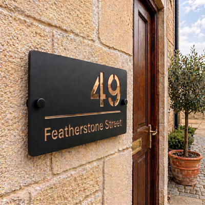 Personalised Mirror House Sign with Rose Gold Laser Cut Text | 200mm x 130mm | Made from 3mm Black Acrylic