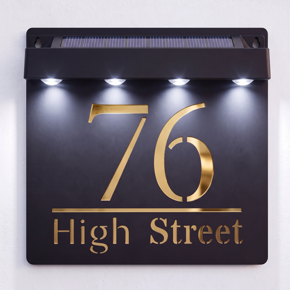 Personalised Solar Powered House Sign | 180mm x 180mm | Black with Mirror Text