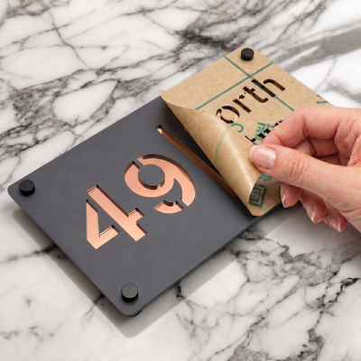 Personalised Mirror House Sign with Rose Gold Laser Cut Text | 280mm x 160mm | Made from 3mm Grey Acrylic