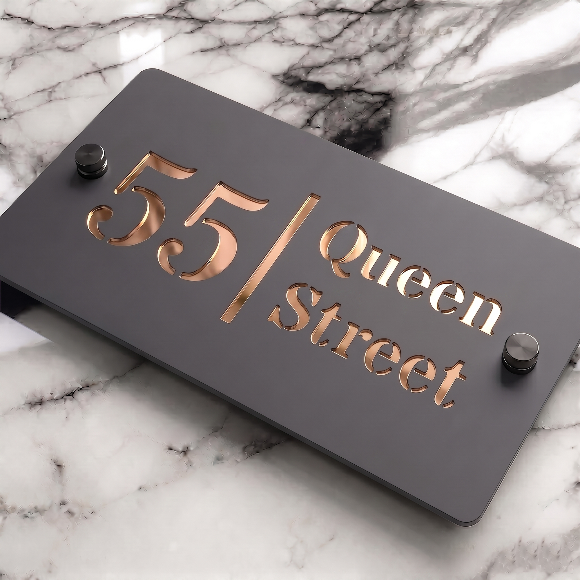 Personalised Mirror House Sign with Rose Gold Laser Cut Text | 200mm x 130mm | Made from 3mm Grey Acrylic