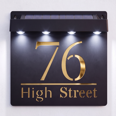 Personalised Solar Powered House Sign | 180mm x 180mm | Black with Mirror Text