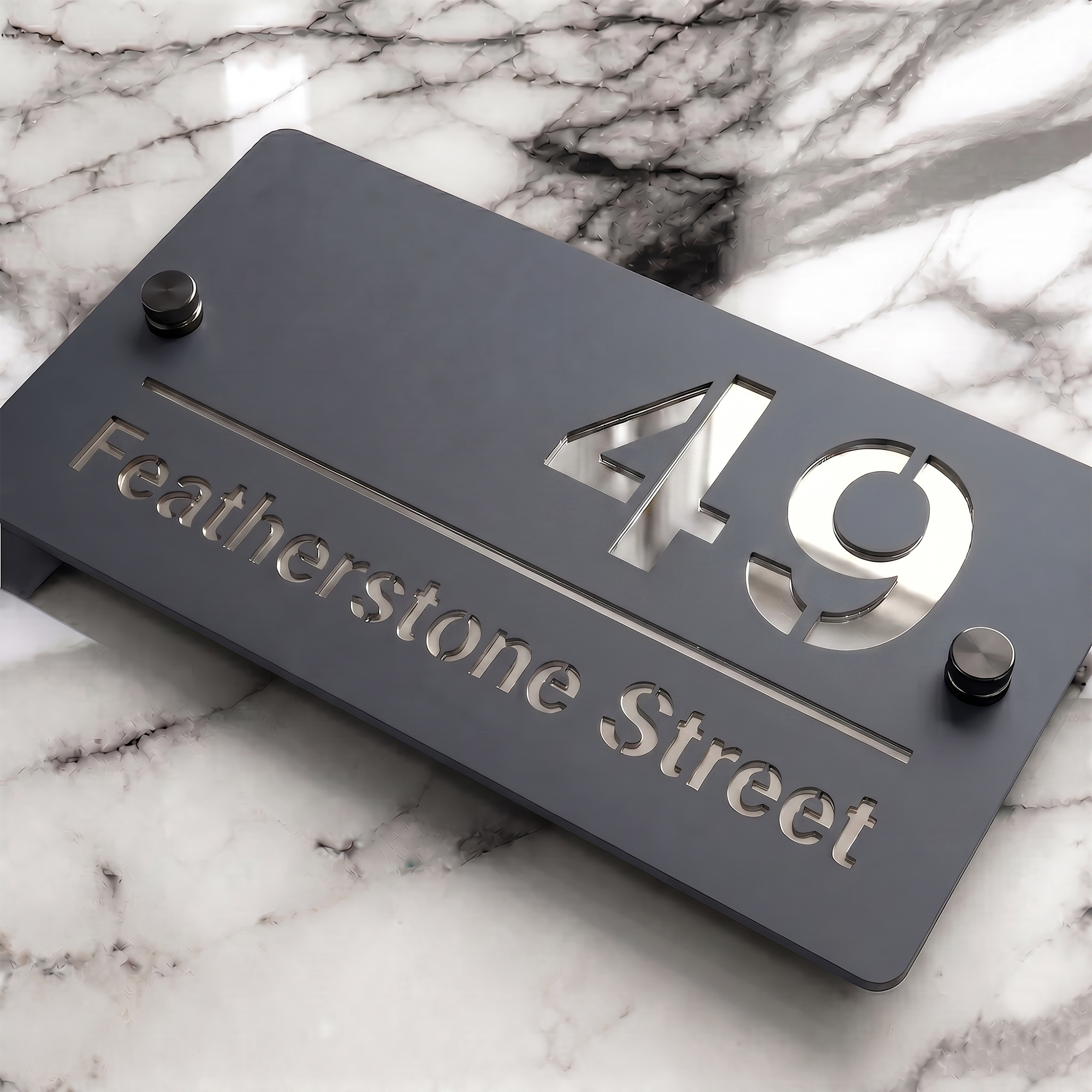 Personalised Mirror House Sign with Silver Laser Cut Text | 200mm x 130mm | Made from 3mm Grey Acrylic