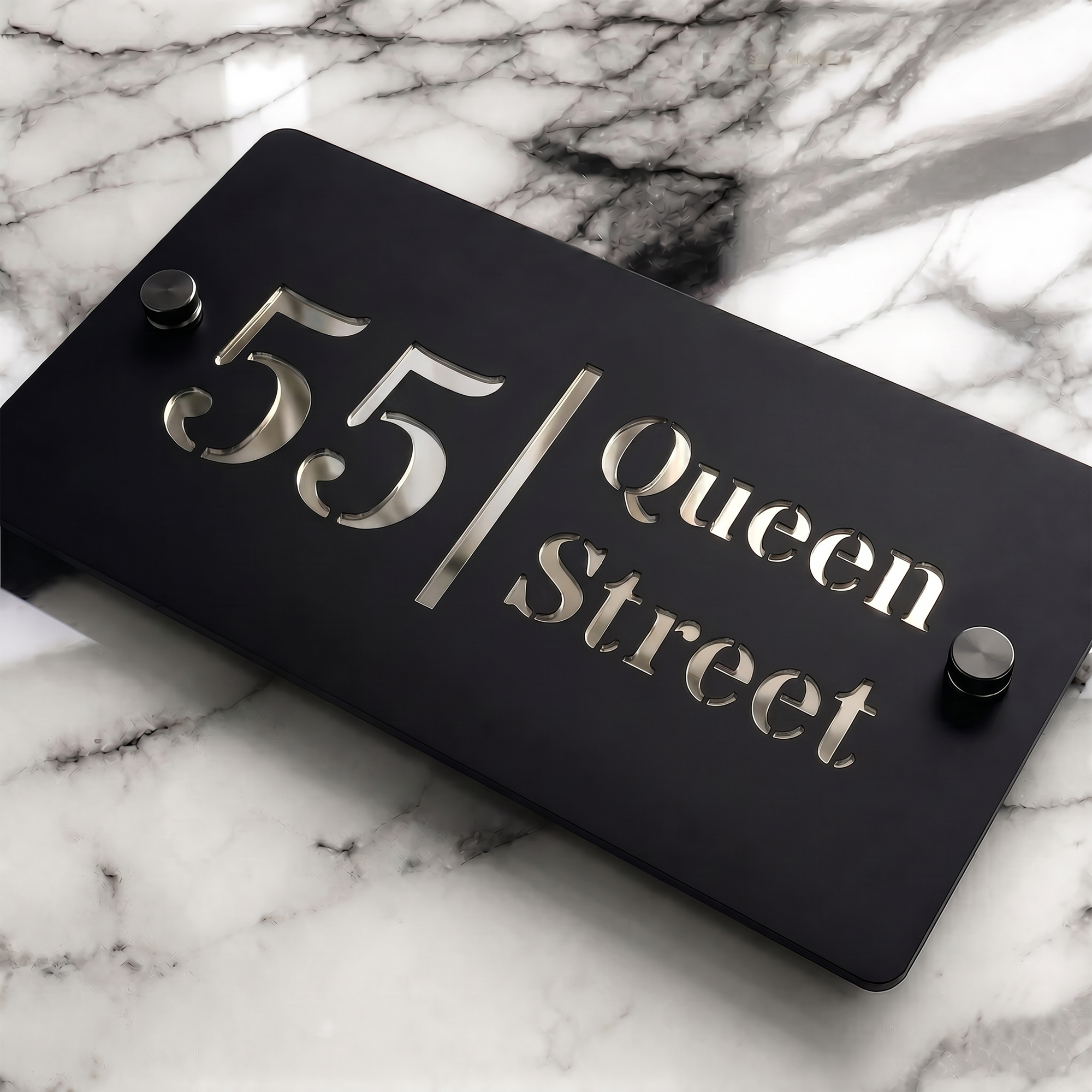Personalised Mirror House Sign with Silver Laser Cut Text | 200mm x 130mm | Made from 3mm Black Acrylic