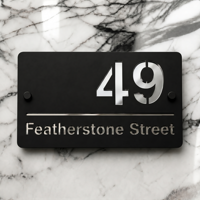 Personalised Mirror House Sign with Silver Laser Cut Text | 200mm x 130mm | Made from 3mm Black Acrylic