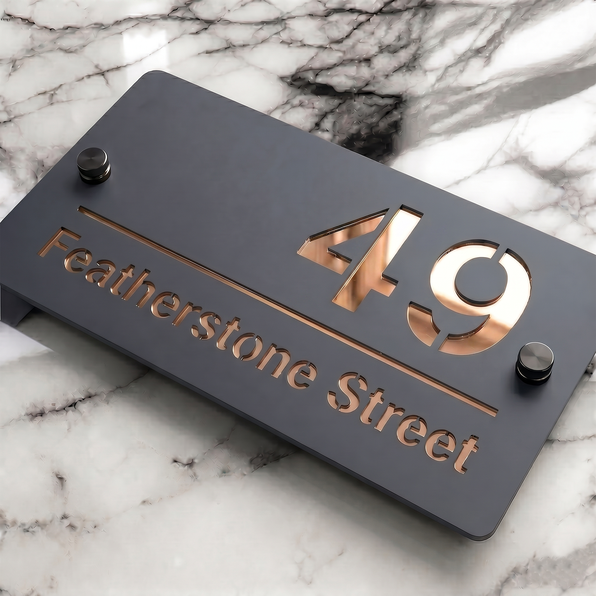 Personalised Mirror House Sign with Rose Gold Laser Cut Text | 200mm x 130mm | Made from 3mm Grey Acrylic