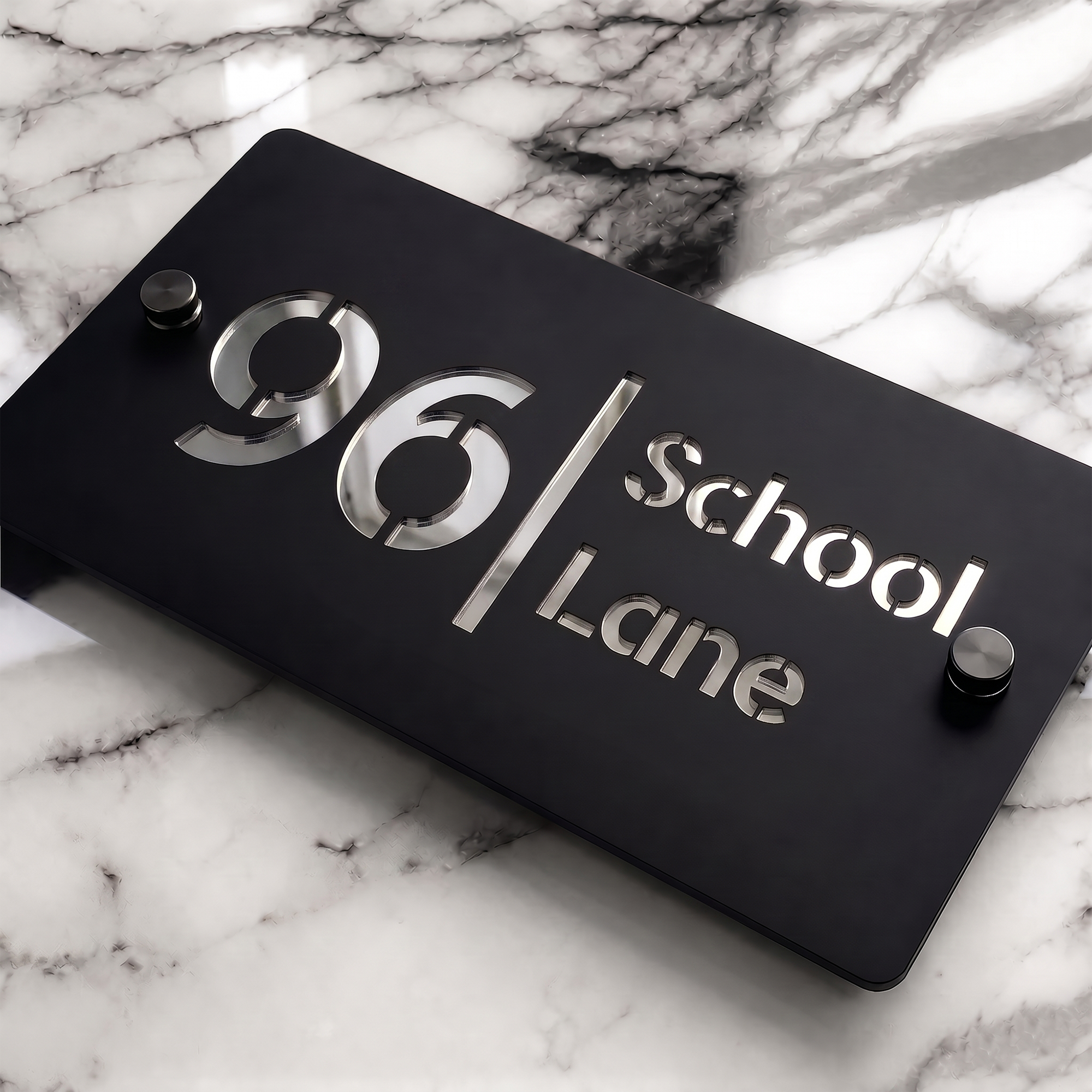 Personalised Mirror House Sign with Silver Laser Cut Text | 200mm x 130mm | Made from 3mm Black Acrylic