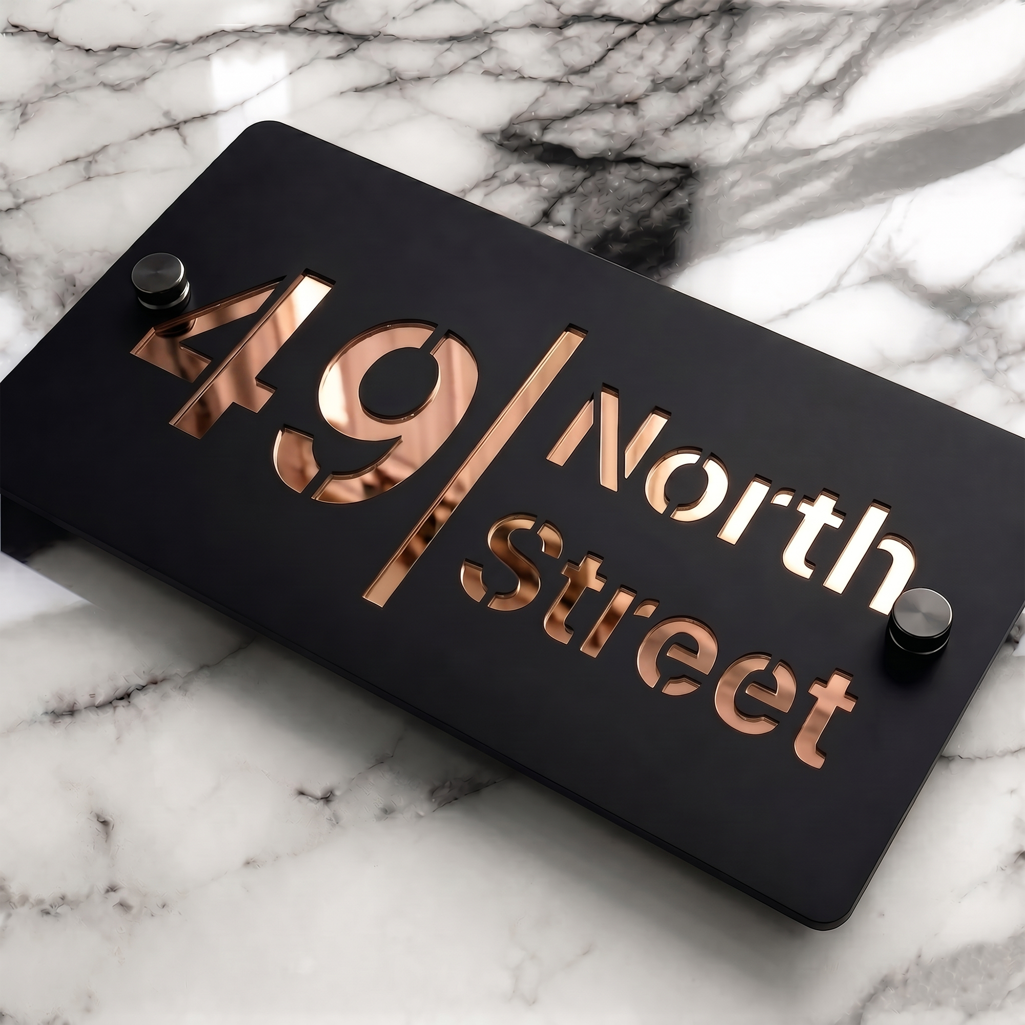 Personalised Mirror House Sign with Rose Gold Laser Cut Text | 200mm x 130mm | Made from 3mm Black Acrylic