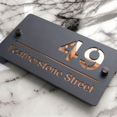 Personalised Mirror House Sign with Rose Gold Laser Cut Text | 200mm x 130mm | Made from 3mm Grey Acrylic