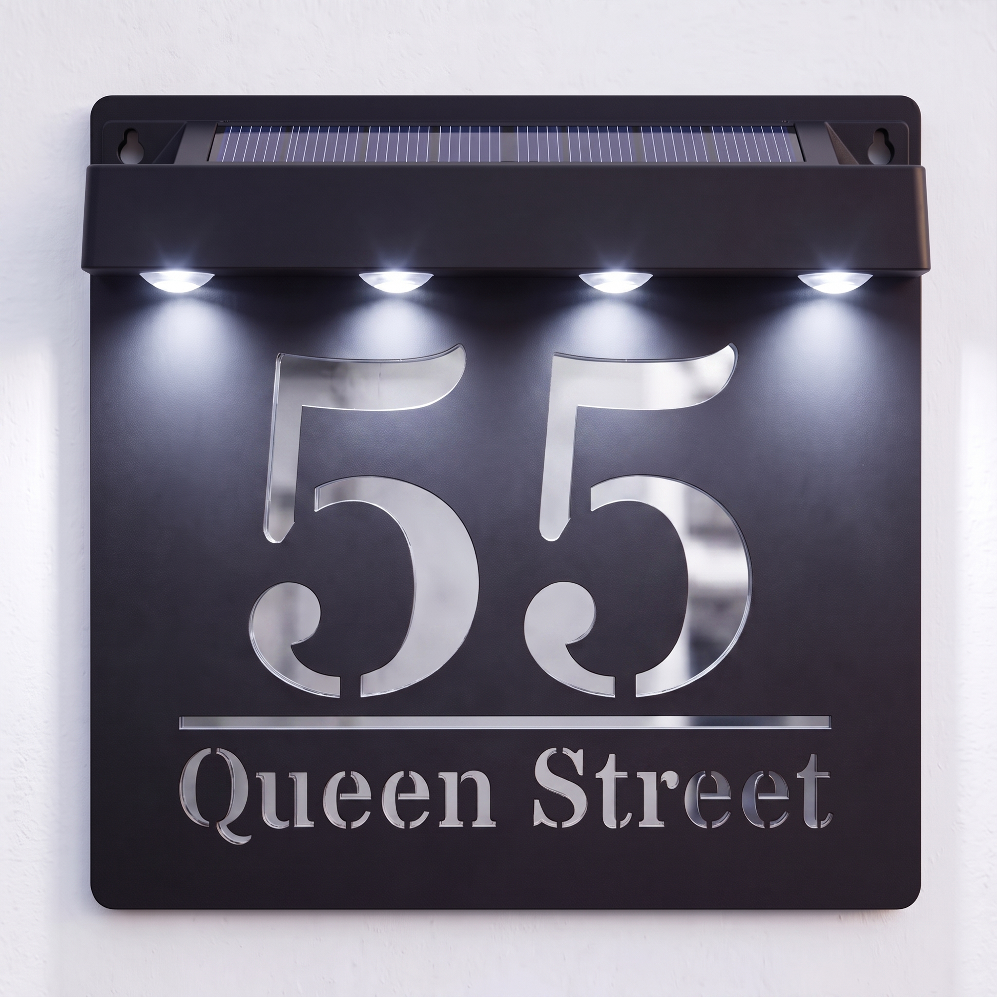 Personalised Solar Powered House Sign | 180mm x 180mm | Black with Mirror Text