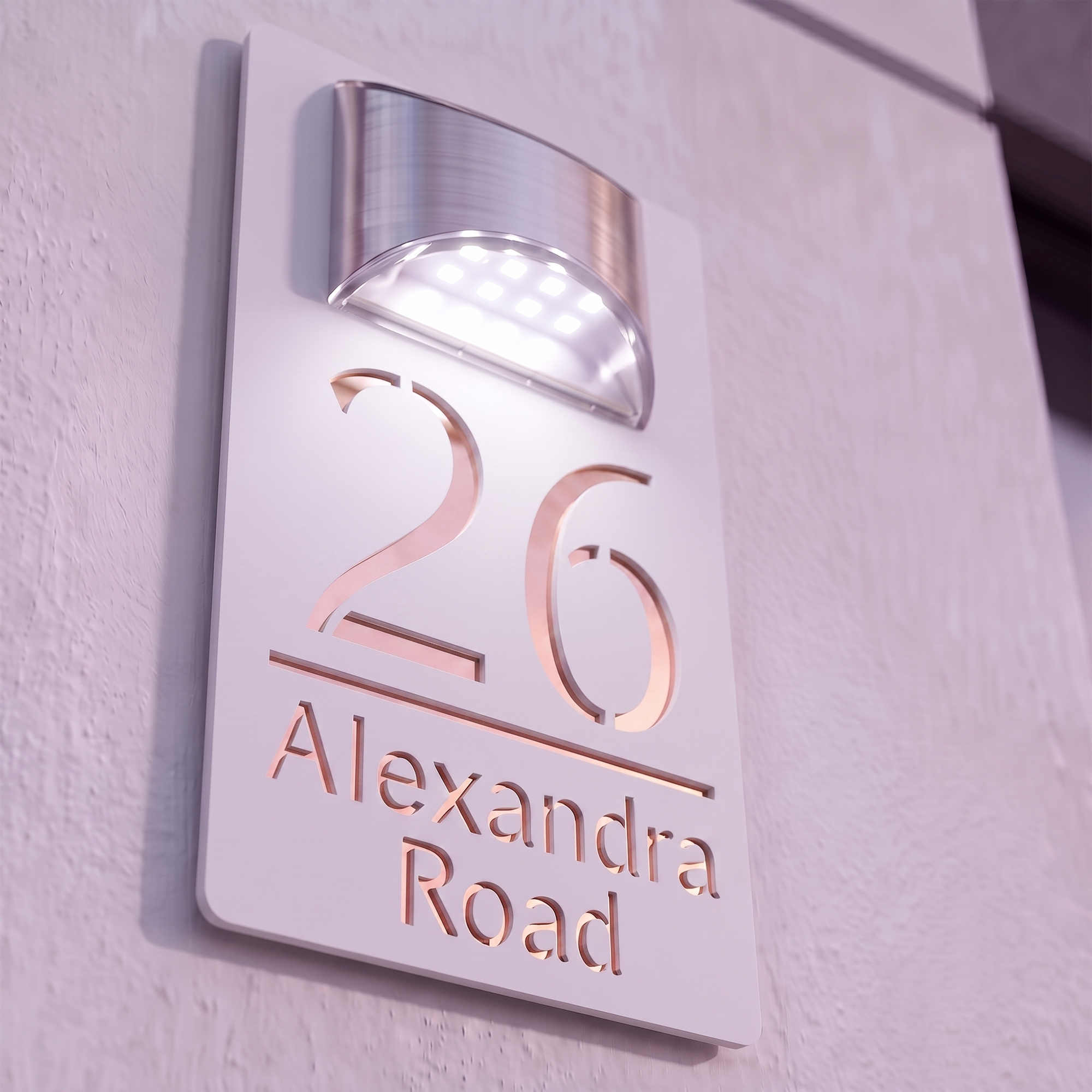 Personalised Solar Powered House Sign | 280mm x 160mm | White with Mirror Text