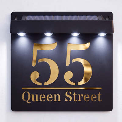 Personalised Solar Powered House Sign | 180mm x 180mm | Black with Mirror Text