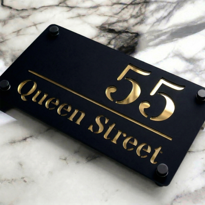 Personalised Mirror House Sign with Gold Laser Cut Text | 280mm x 160mm | Made from 3mm Black Acrylic