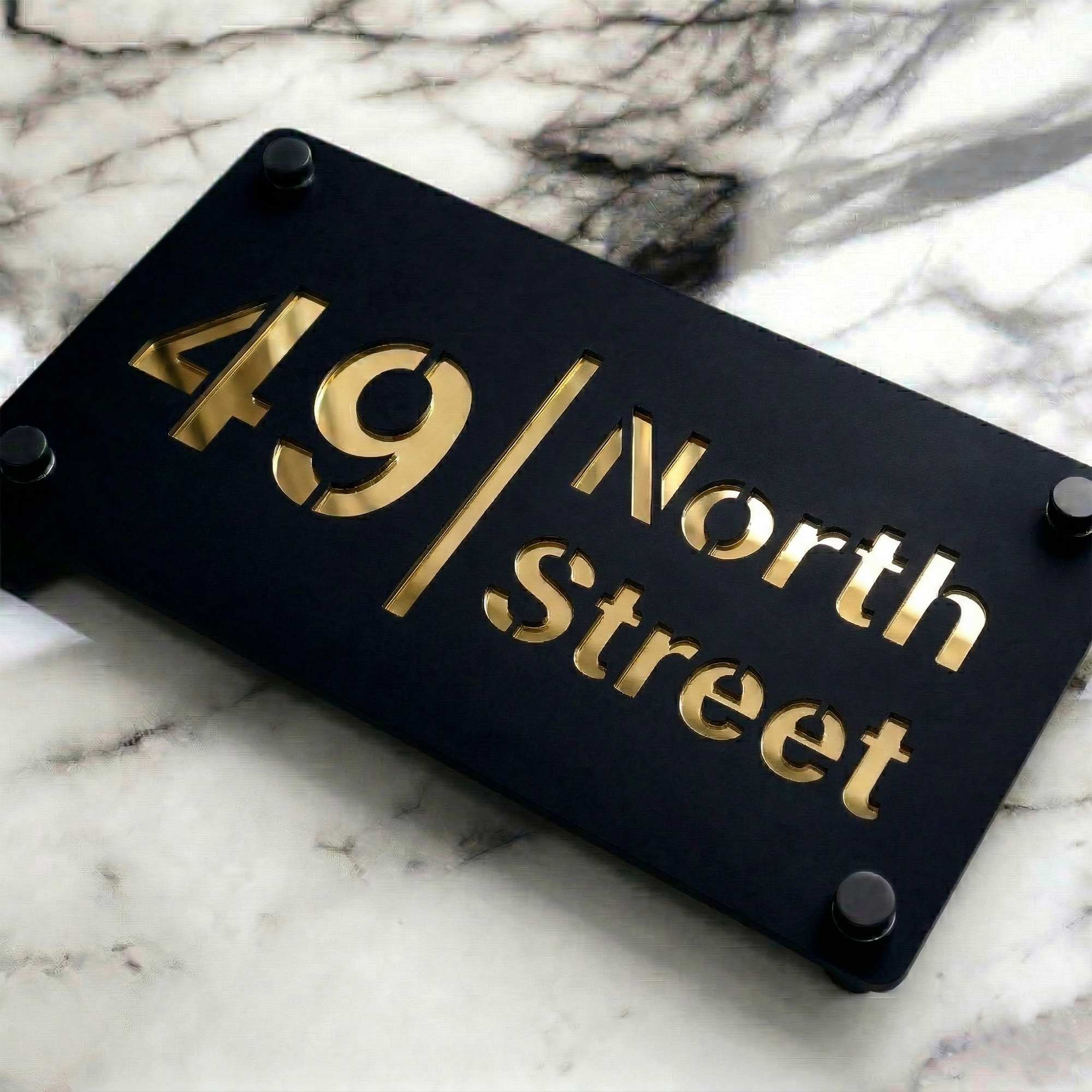 Personalised Mirror House Sign with Gold Laser Cut Text | 280mm x 160mm | Made from 3mm Black Acrylic