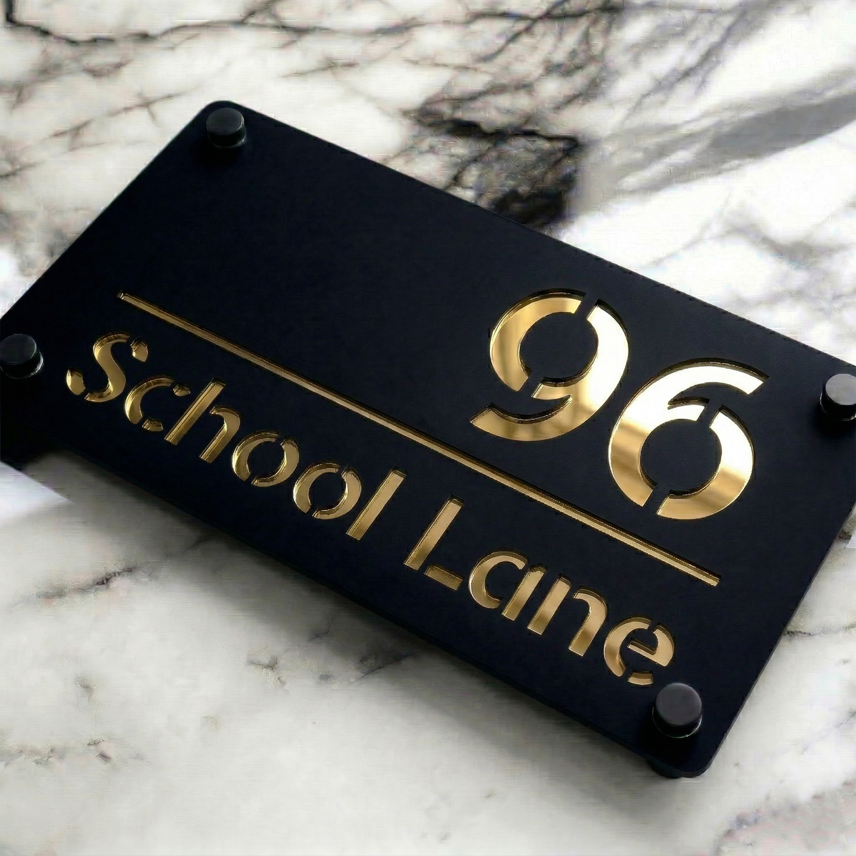 Personalised Mirror House Sign with Gold Laser Cut Text | 280mm x 160mm | Made from 3mm Black Acrylic