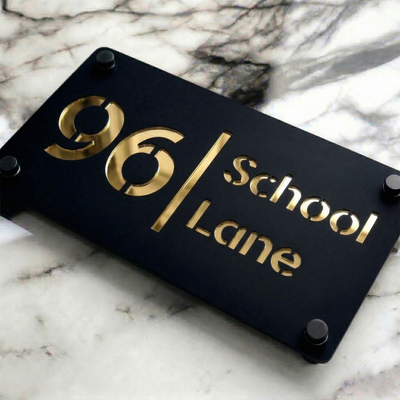 Personalised Mirror House Sign with Gold Laser Cut Text | 280mm x 160mm | Made from 3mm Black Acrylic