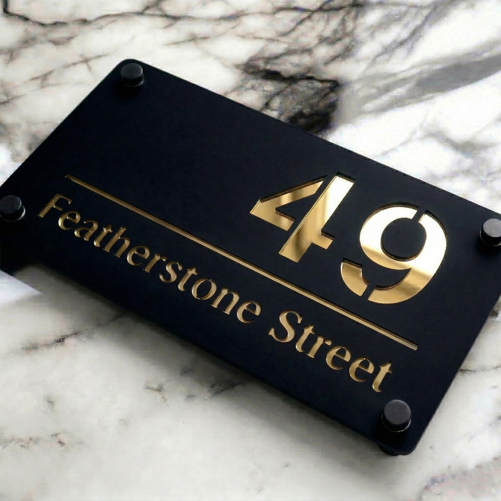 Personalised Mirror House Sign with Gold Laser Cut Text | 280mm x 160mm | Made from 3mm Black Acrylic