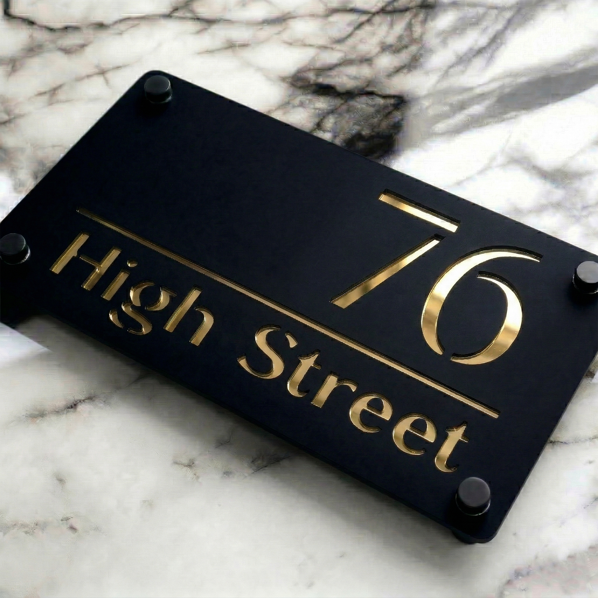 Personalised Mirror House Sign with Gold Laser Cut Text | 280mm x 160mm | Made from 3mm Black Acrylic