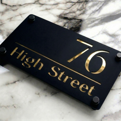 Personalised Mirror House Sign with Gold Laser Cut Text | 280mm x 160mm | Made from 3mm Black Acrylic