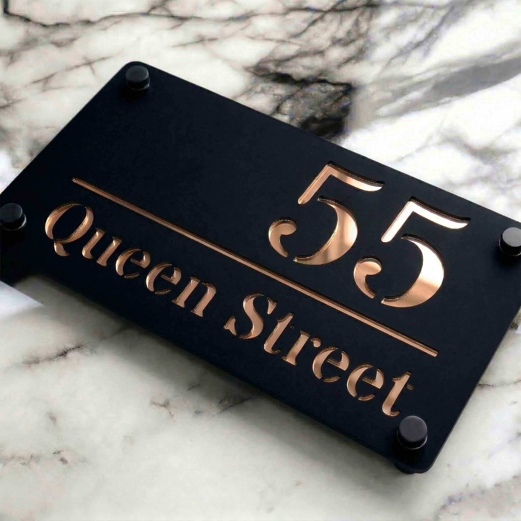 Personalised Mirror House Sign with Rose Gold Laser Cut Text | 280mm x 160mm | Made from 3mm Black Acrylic