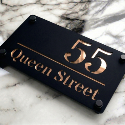 Personalised Mirror House Sign with Rose Gold Laser Cut Text | 280mm x 160mm | Made from 3mm Black Acrylic