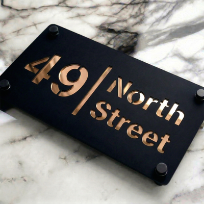 Personalised Mirror House Sign with Rose Gold Laser Cut Text | 280mm x 160mm | Made from 3mm Black Acrylic