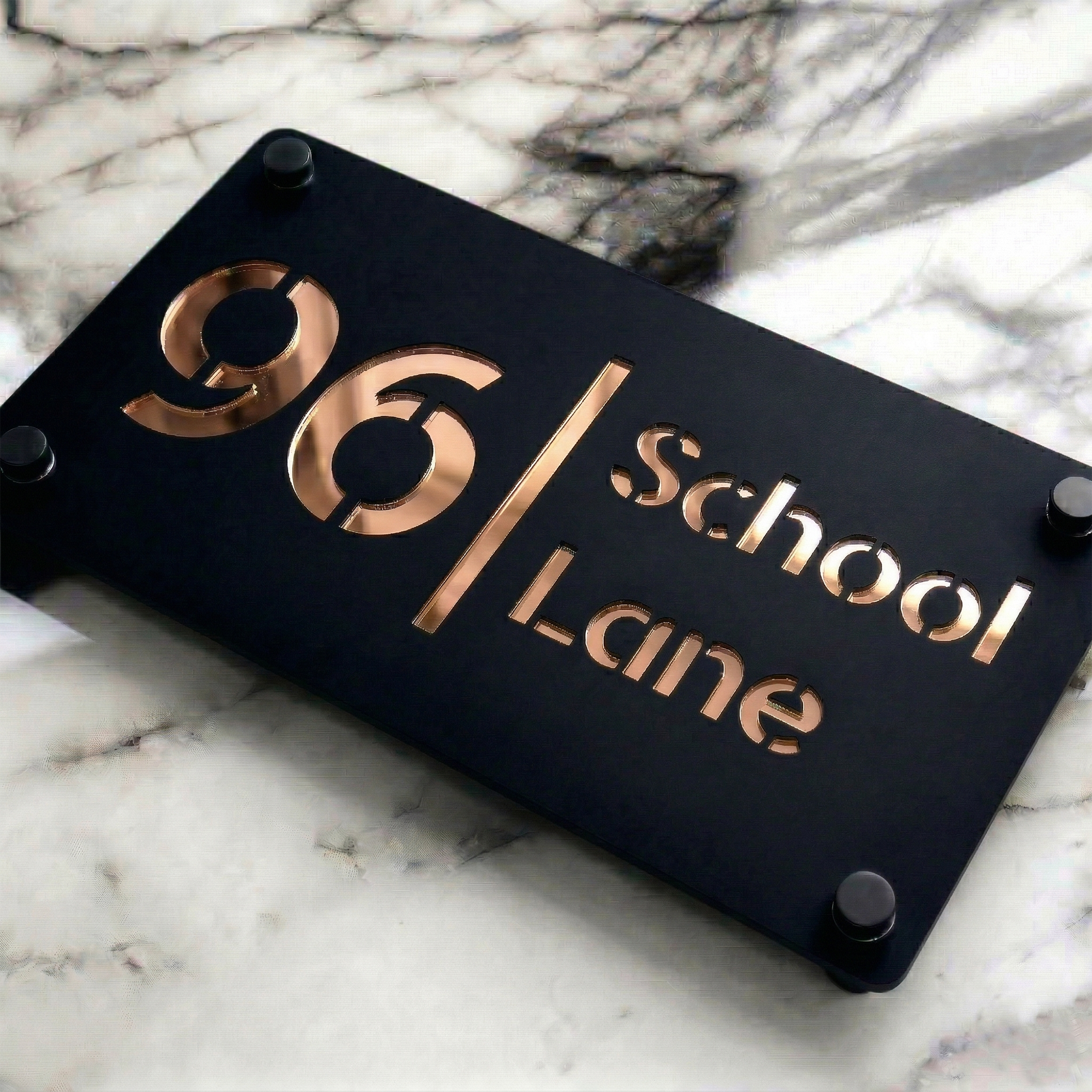 Personalised Mirror House Sign with Rose Gold Laser Cut Text | 280mm x 160mm | Made from 3mm Black Acrylic