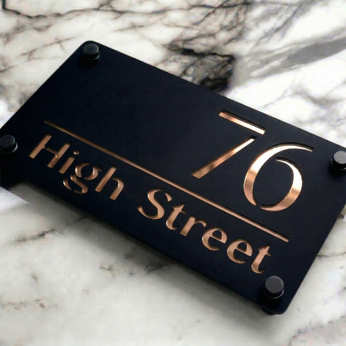 Personalised Mirror House Sign with Rose Gold Laser Cut Text | 280mm x 160mm | Made from 3mm Black Acrylic