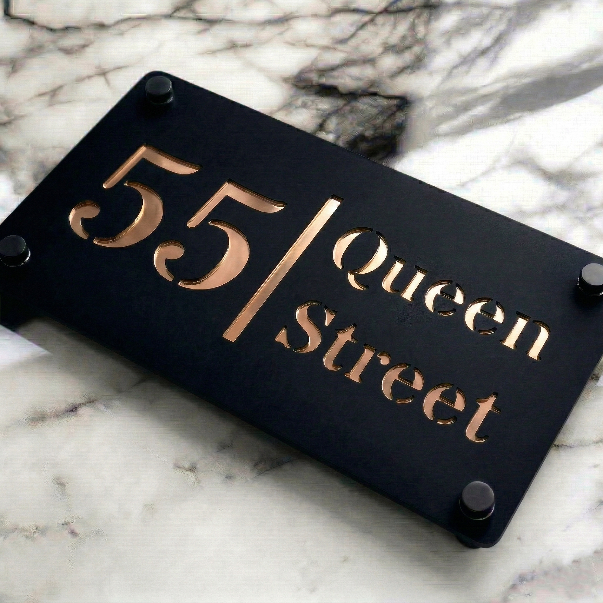 Personalised Mirror House Sign with Rose Gold Laser Cut Text | 280mm x 160mm | Made from 3mm Black Acrylic