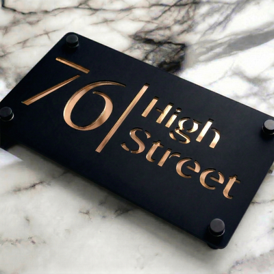 Personalised Mirror House Sign with Rose Gold Laser Cut Text | 280mm x 160mm | Made from 3mm Black Acrylic