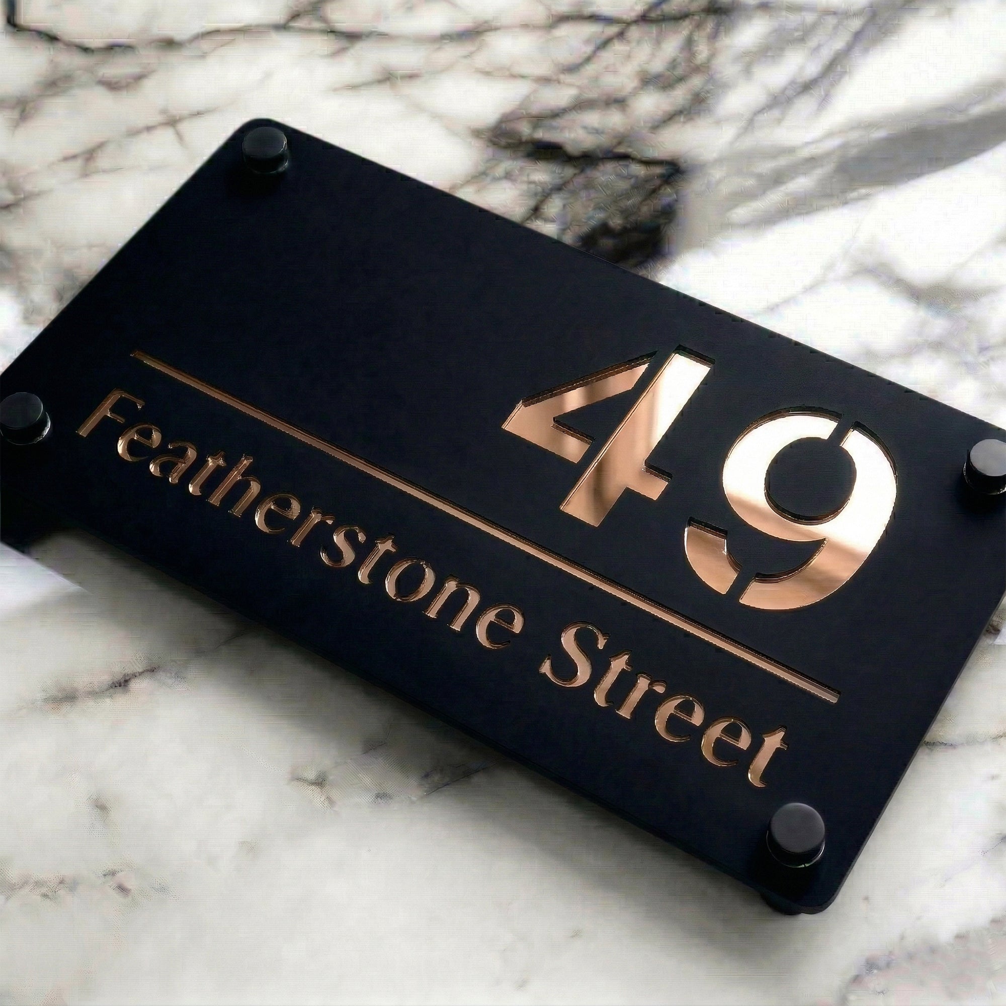 Personalised Mirror House Sign with Rose Gold Laser Cut Text | 280mm x 160mm | Made from 3mm Black Acrylic