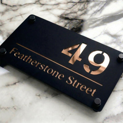 Personalised Mirror House Sign with Rose Gold Laser Cut Text | 280mm x 160mm | Made from 3mm Black Acrylic