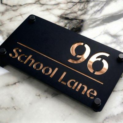 Personalised Mirror House Sign with Rose Gold Laser Cut Text | 280mm x 160mm | Made from 3mm Black Acrylic