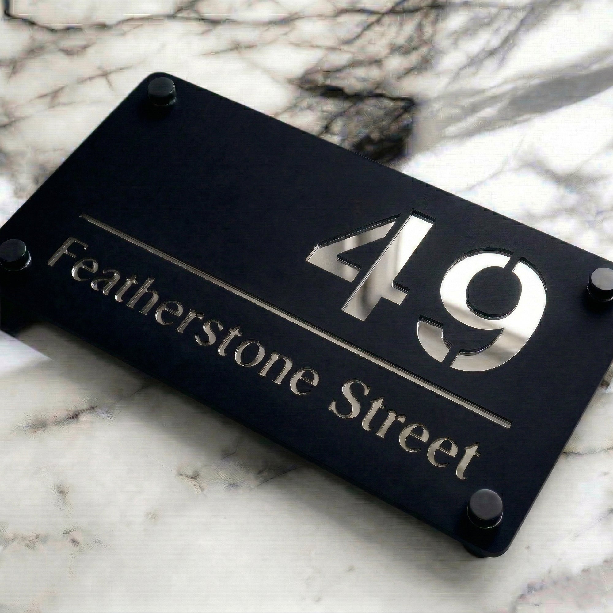 Personalised Mirror House Sign with Silver Laser Cut Text | 280mm x 160mm | Made from 3mm Black Acrylic