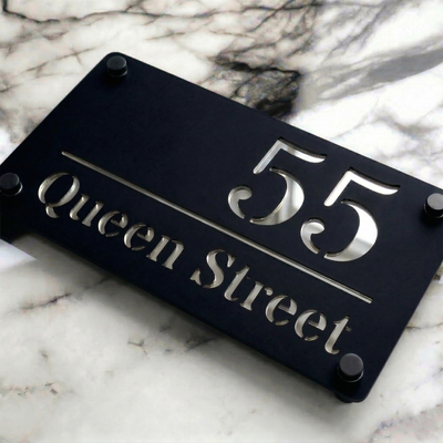 Personalised Mirror House Sign with Silver Laser Cut Text | 280mm x 160mm | Made from 3mm Black Acrylic