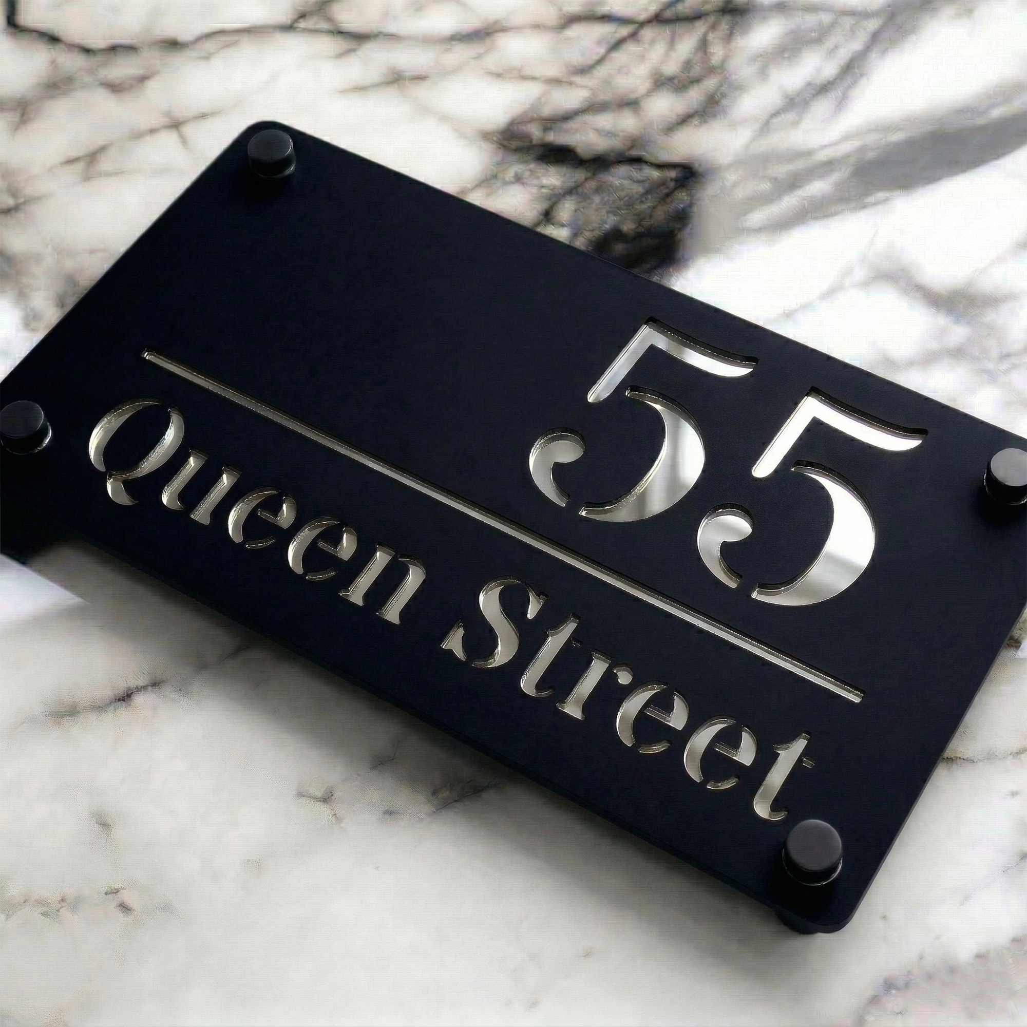 Personalised Mirror House Sign with Silver Laser Cut Text | 280mm x 160mm | Made from 3mm Black Acrylic